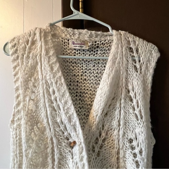 VTG Wool Blend Sweater Vest Lace Chunky Knit Wooden Toggle Buttons Italy White - Picture 4 of 11